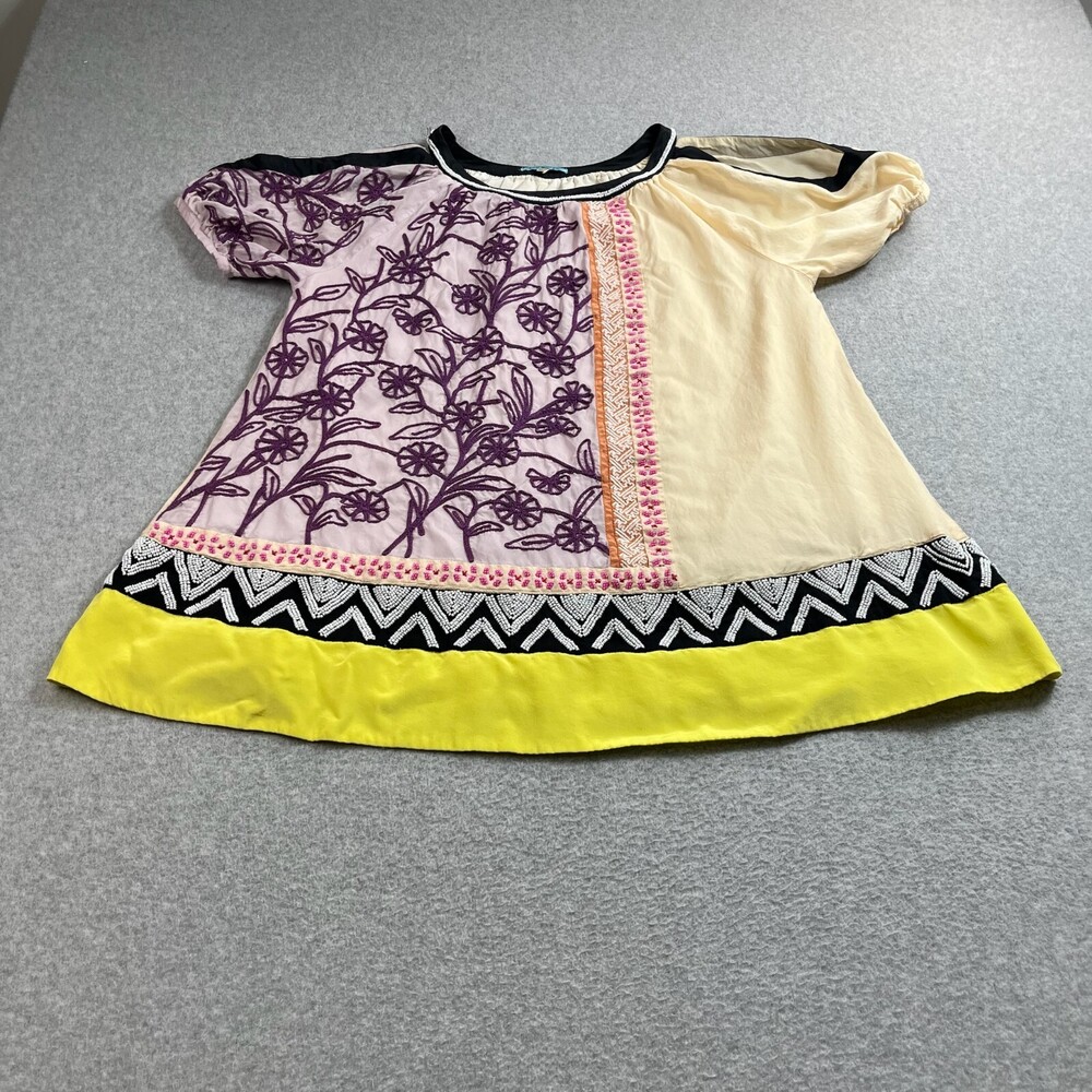 Leifnotes Shirt Woman 6 Yellow Beaded Floral Patchwork Colorful Boho Art To Wear